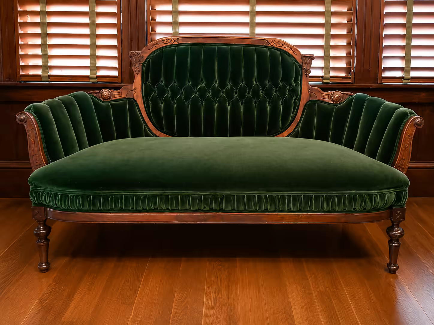 A Victorian settee reupholstered in green velvet