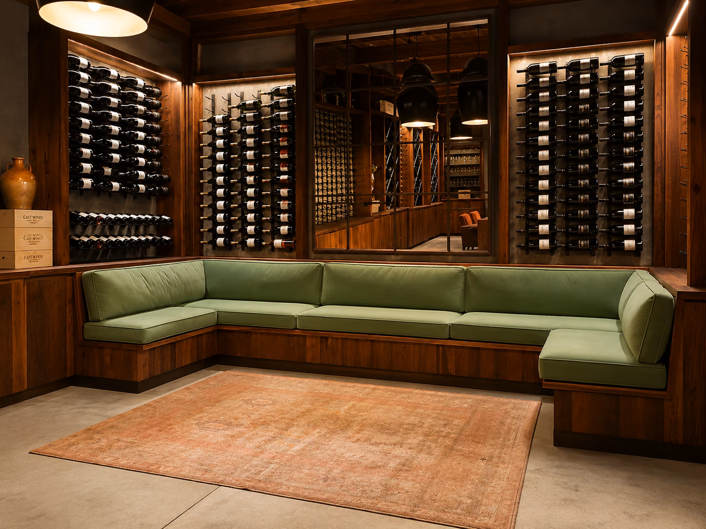 A custom L-shaped banquette upholstered in green velvet in a wine cellar