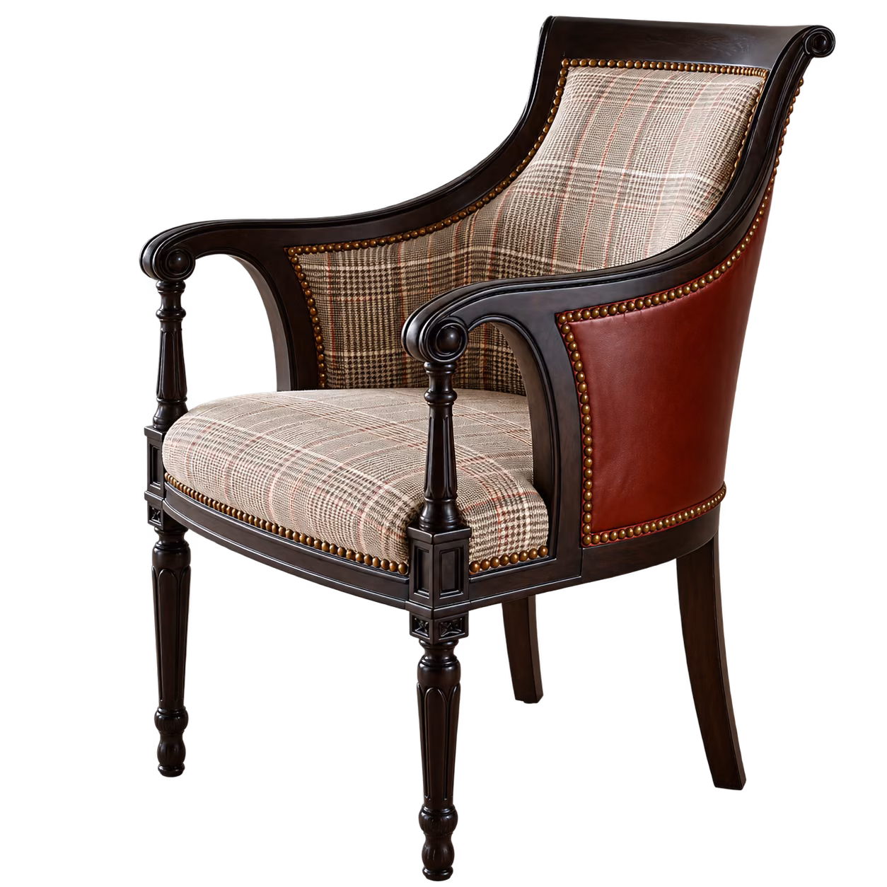 An armchair reupholstered by hand in tweed